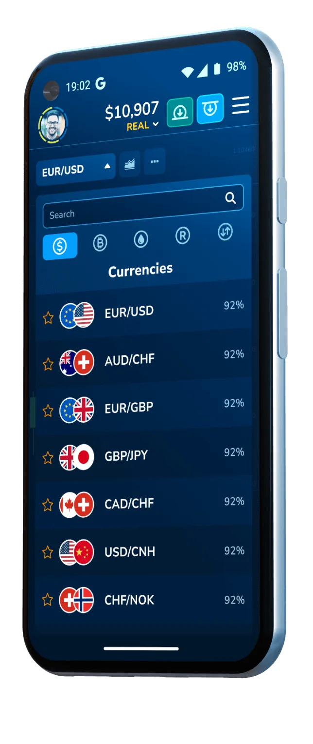 Pocket Option app — assets list with payouts