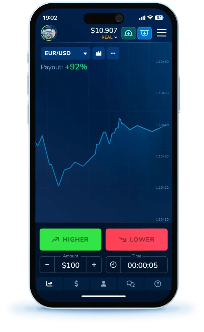 Pocket Option trading app — EUR/USD chart with Higher/Lower and a $100 trade